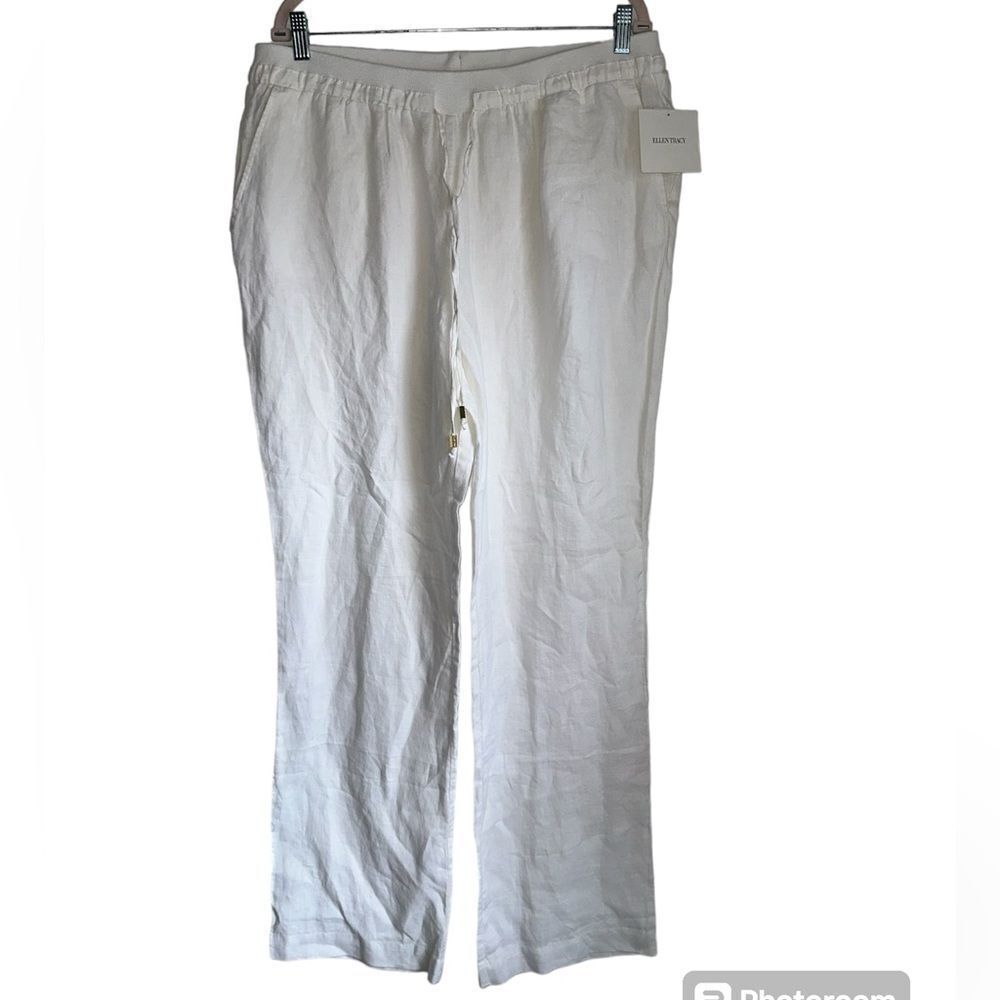 NWT ELLEN TRACY SIZE L WHITE STRAIGHT WIDE LEG PANTS 100% linen elastic waist